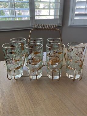Set of 7 VTG 1950s Libbey Marine Life Fish Highball Glasses Original Tote Rack